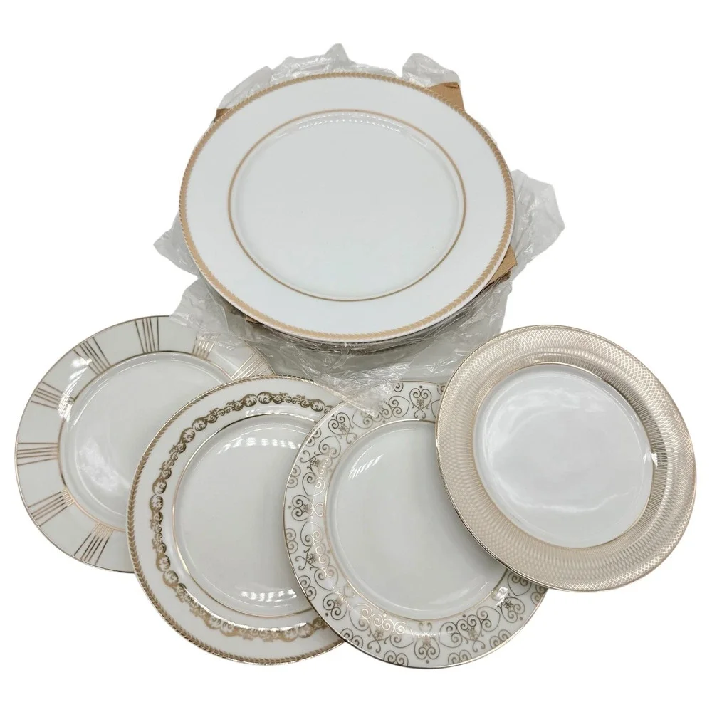 Dennis Basso 8pc Plate Set Gold White Ceramic Buffet Dessert Plates‎ New